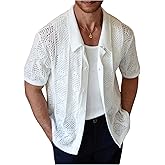 SHENHE Men's Crochet Button Down Shirt Short Sleeve Hollow Out Cuban Collar Beach Knit Top