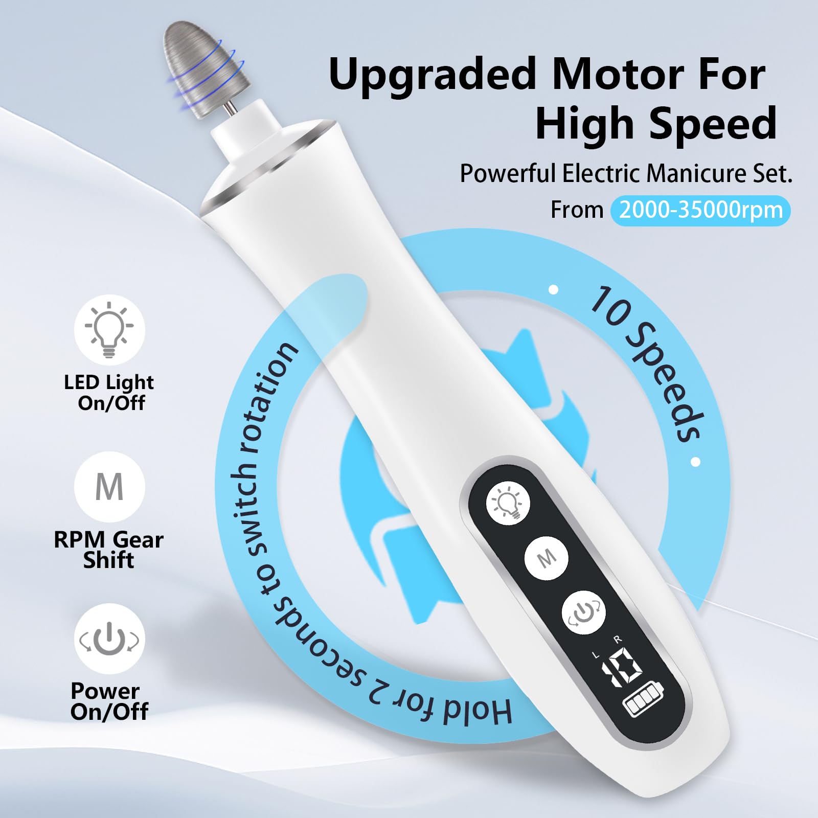 Cordless Nail Drill, Portable 2000 mAh Rechargeable Electric Nail File for Thick Toenails, 10 Speeds Nail Dril Machine Professional Manicure Pedicure Set for Women Hand Foot Natural Nails Care