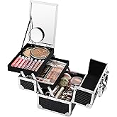 Joligrace Makeup Box Cosmetic Train Case Portable Makeup Organizer Case with Mirror 2 Tray Make up Storage Case for Nail Teach Craft Sewing Travel Vanity Modern Style Black