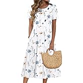 Zeagoo Womens Casual Dresses for Summer Short Sleeve Flare Midi Dress Loose Beach Sundress Pleated Front Dress with Pockets