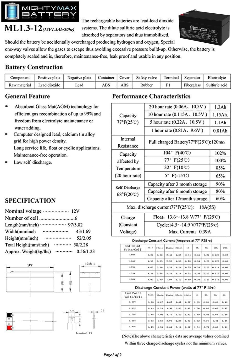 ML1.3-12 - 12 Volt 1.3 AH SLA Battery - Mighty Max Battery Brand Product: Electronics
