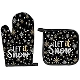 FIicy Black Winter Christmas Oven Mitts and Pot Holders Sets, Black and Silver Christmas Kitchen Accessories Sets, BlackXmas Let it Snow Winter Heat Resistant Oven Glove Potholders for Kitchen