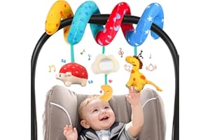 URMYWO Spiral Car Seat Toys for Babies 0-6 Months, Hanging Toy Fits Stroller, Developmental Sensory Baby Toy with Bell Crinkle Mirror, Baby Travel Gear Shower Gift for Boys Girls
