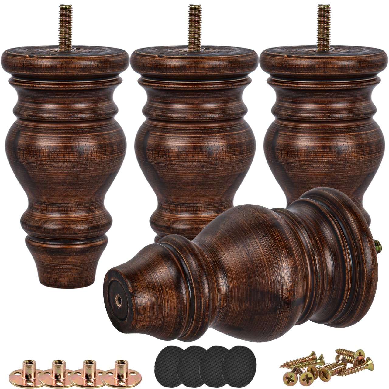 Btowin 4.8 Inch / 12cm Solid Wood Furniture Legs, 4Pcs Glaze Turned Round DIY Replacement Wooden Bun Feet with Mounting Plate & Screws for Sofa Couch Ottoman Chair Sofa