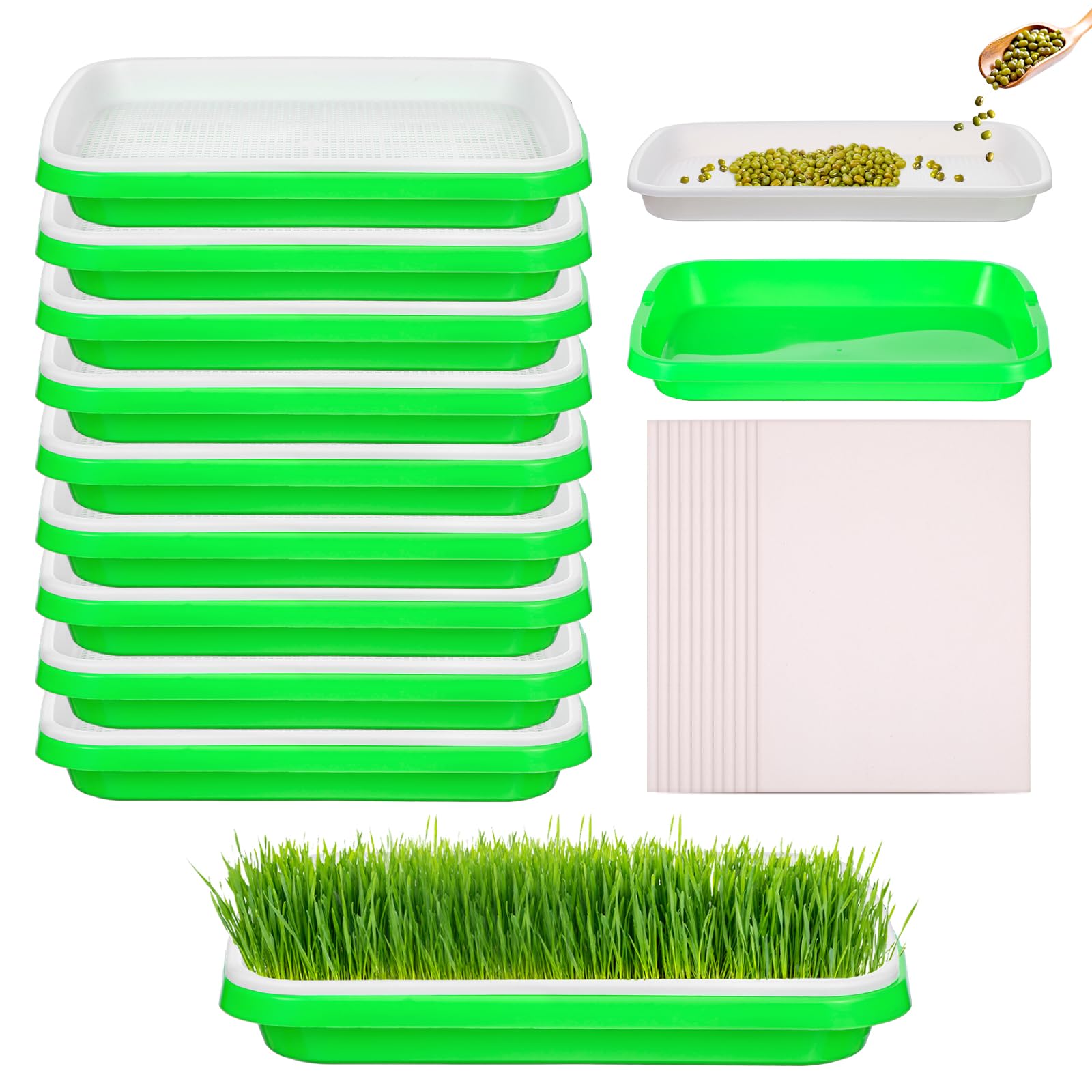 Photo 1 of 10 Pack Green Seed Sprouter Trays- Soil-Free Cultivation Propagation Tray, BPA Free Nursery Tray with Planting Paper for Indoors or Outdoors Sprouting Seeds, Grow Grass, Beans (Without Lids)