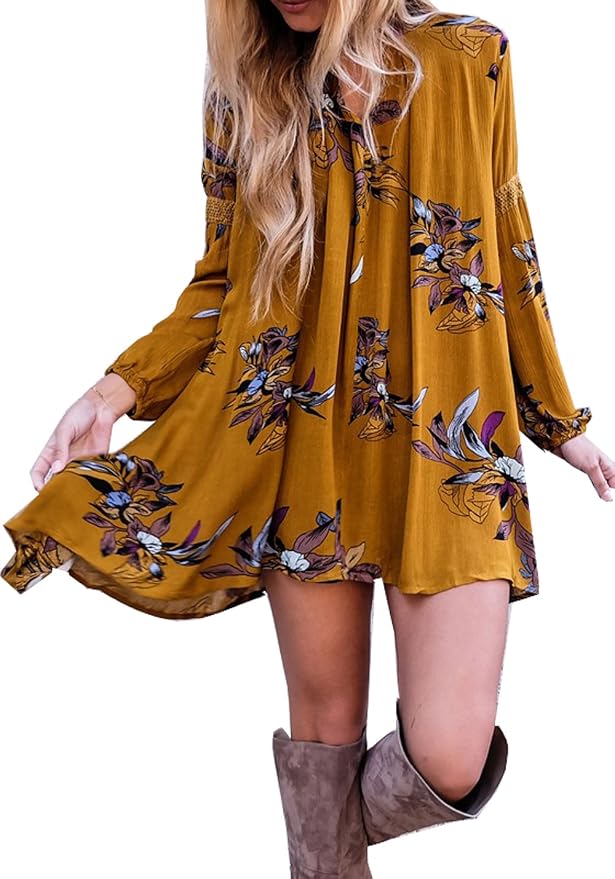 Relipop Women's Dress Floral Print Ruffle Hem Long Sleeve Casual Tunic
