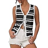IEEILULU Crochet Vest Tops for Women - Womens Sleeveless Knit Sweater Vests Summer Casual Tie Front Top Cute Tank