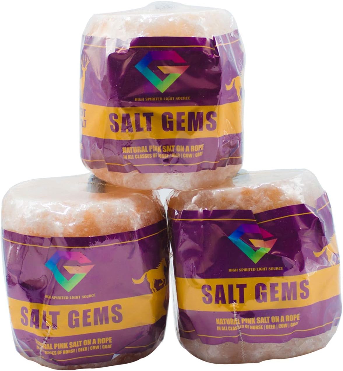 SALT GEMS 3 Pack Pure Natural Pink Himalayan Rock Salt Block Licks on a Rope for Animals, Horses, Deer, Goats, Cattle, Rabbits & Livestock - 6~8 lbs Each : Pet Supplies