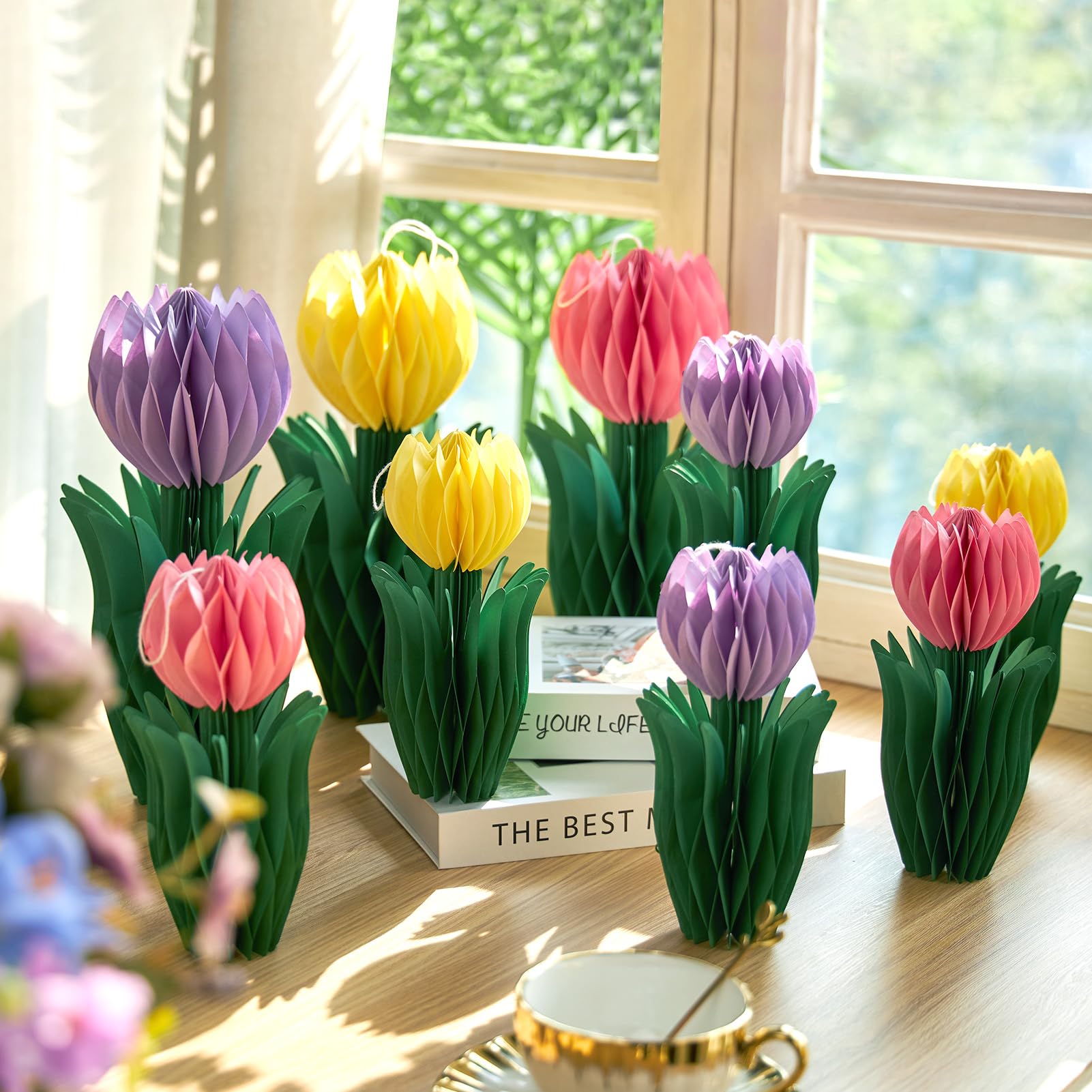 SUNBEAUTY 9 Stück 3D Tulpen Wabenbälle Rosa Lila Papier Blumen Dekoration Gelb Tulpe Dekor für Garten Party Dekoration Frühling Deko Tischdekoration Geburtstag Hochzeit Home Hotel 6