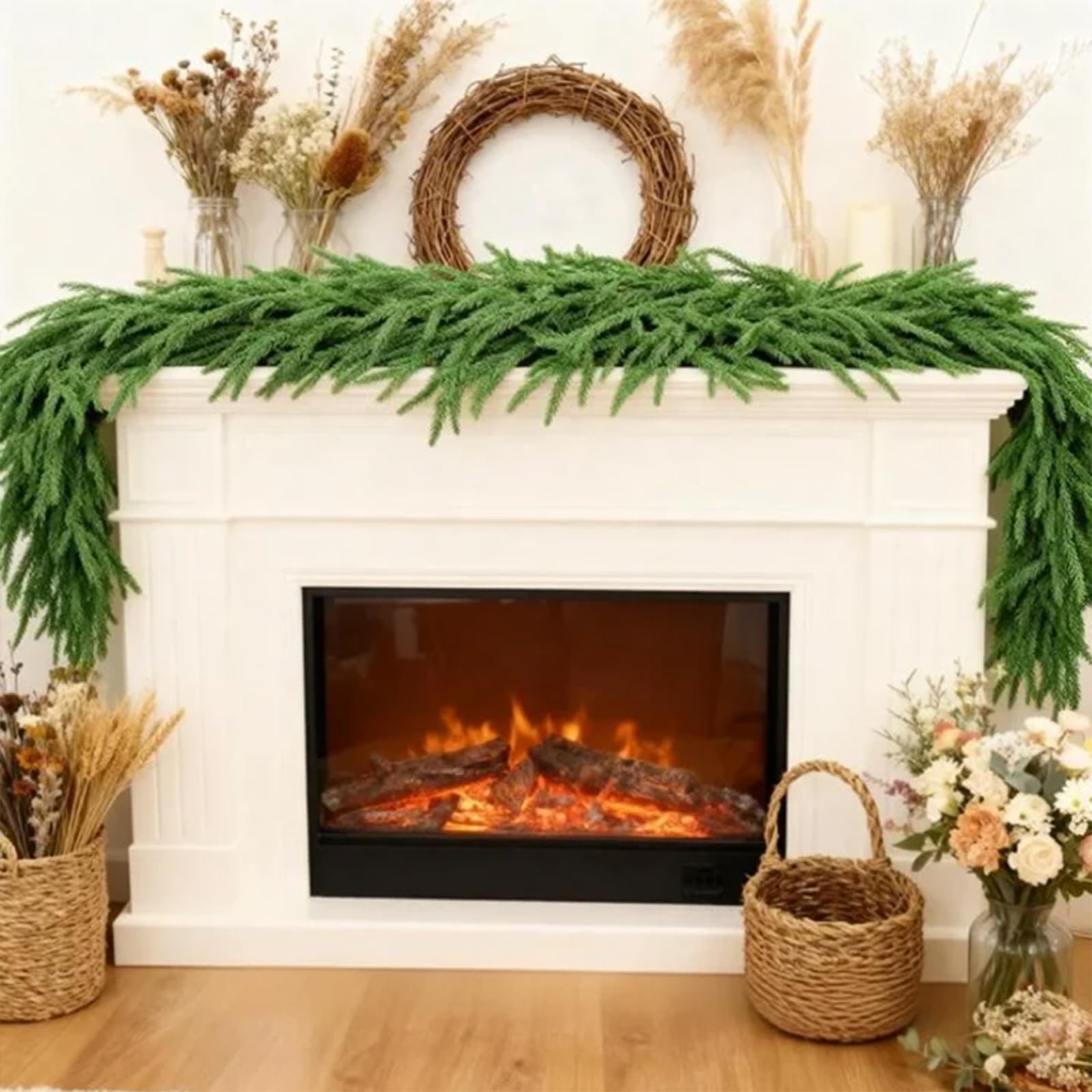 Photo 1 of 9 FT Artificial Norfolk Pine Garland, Real Touch Dense Faux Greenery Garland for Mantle, Table, Wall, Indoor & Outdoor Christmas Decorations, Christmas Garland