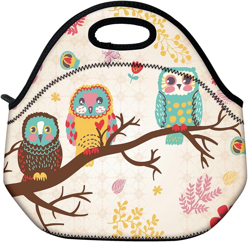Lunch Bag for Adults Neoprene Personalised Insulated Packed Bento Lunch Bags Women Men Collapsible Travel Picnic Lunch Tote Bag (Owl)