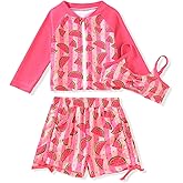 HINTINA Infant Toddler Girl Swimsuit 3 Pieces Zip Rash Guard Set Long Sleeve Bathing Suits Swimming Shorts Swimwear