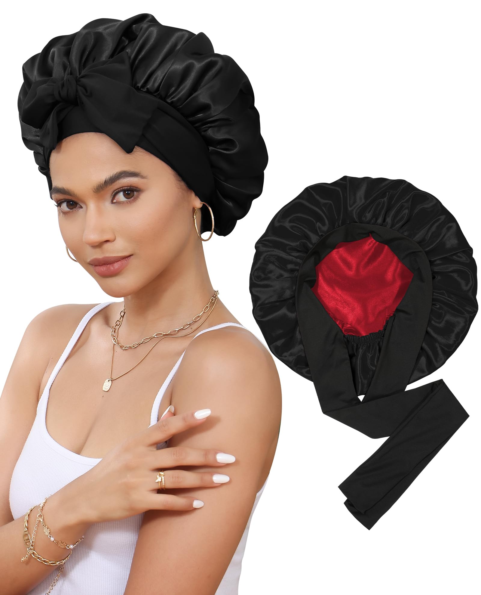 Photo 1 of Satin Bonnet Silk Bonnet for Sleeping Silk Sleep Cap Double Layer Hair Bonnet with Elastic Tie Band for Curly Hair Night Cap (Black+Red)