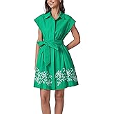 D-Sun Women Embroidery Shirt Dress Button Down Cotton Linen Short Sleeves Collared Belted Pleated Mini Dress with Pocket