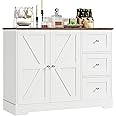 BOTLOG Farmhouse Sideboard Buffet Cabinet with Storage, 41.5" Kitchen Storage Cabinet with 3 Drawers and Shelves, Coffee Bar Cabinet with Barn Doors for Kitchen, Hallway, White