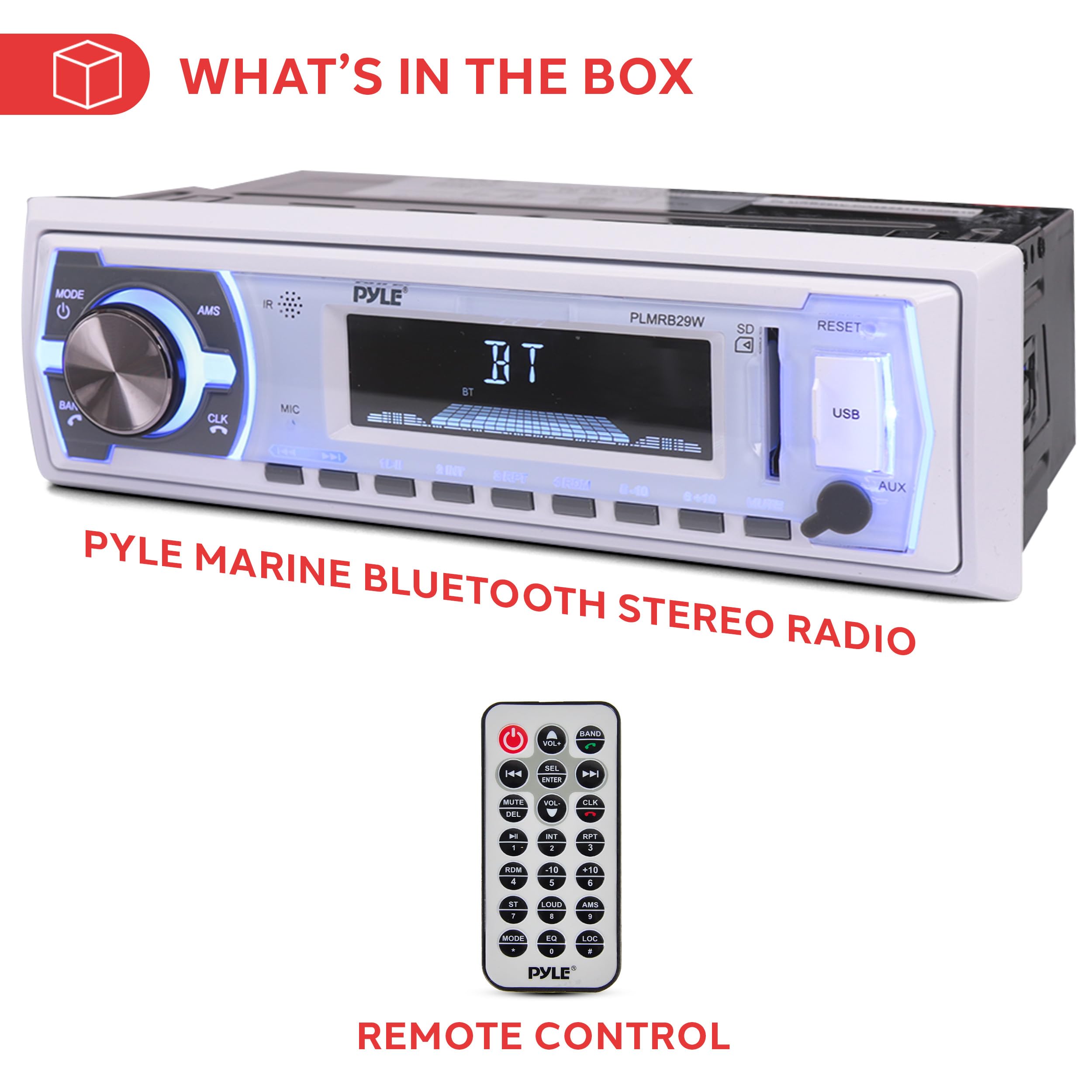 Pyle Marine Bluetooth Stereo Radio - 12v Single DIN Style Boat In dash Radio Receiver System with Built-in Mic, Digital LCD, RCA, MP3, USB, SD, AM FM Radio, Remote Control, White - PLMRB29W