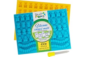 THE SILLY POPS Gummy Bear Mold Bpa Free Silicone (Yellow, Blue) - Set of 2 for 86 Candies - 5 Different Types of Animals - Dropper Included - Candy Molds, Gummy Worm Mold, Chocolate Molds, Gelatin Molds, Ice Cube