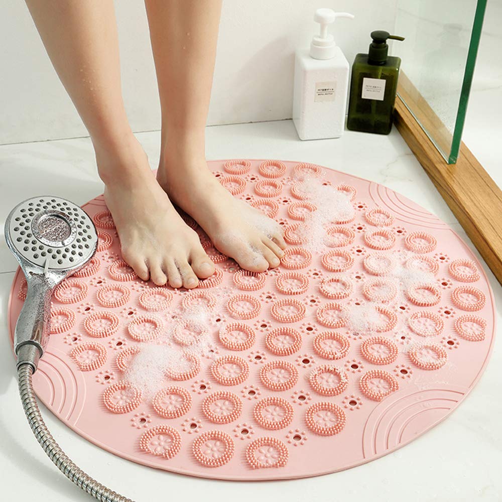 PVC Round Massage Bath Mat Non-Slip Shower Mat Bathroom Mat Machine Washable Bath Mat with Drainage Holes and Suction Cups, 55 x 55 cm, Pink