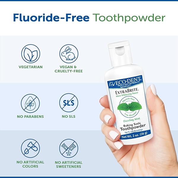 ECO-DENT EXTRABRITE BAKING SODA TOOTH POWDER, MINT – SLS & FLUORIDE-FREE TOOTHPASTE POWDER WITH OXIDIZING CALCIUM PEROXIDE, WHITENING TOOTHPASTE ALTERNATIVE + DAILYRINSE SINGLE-USE PACK