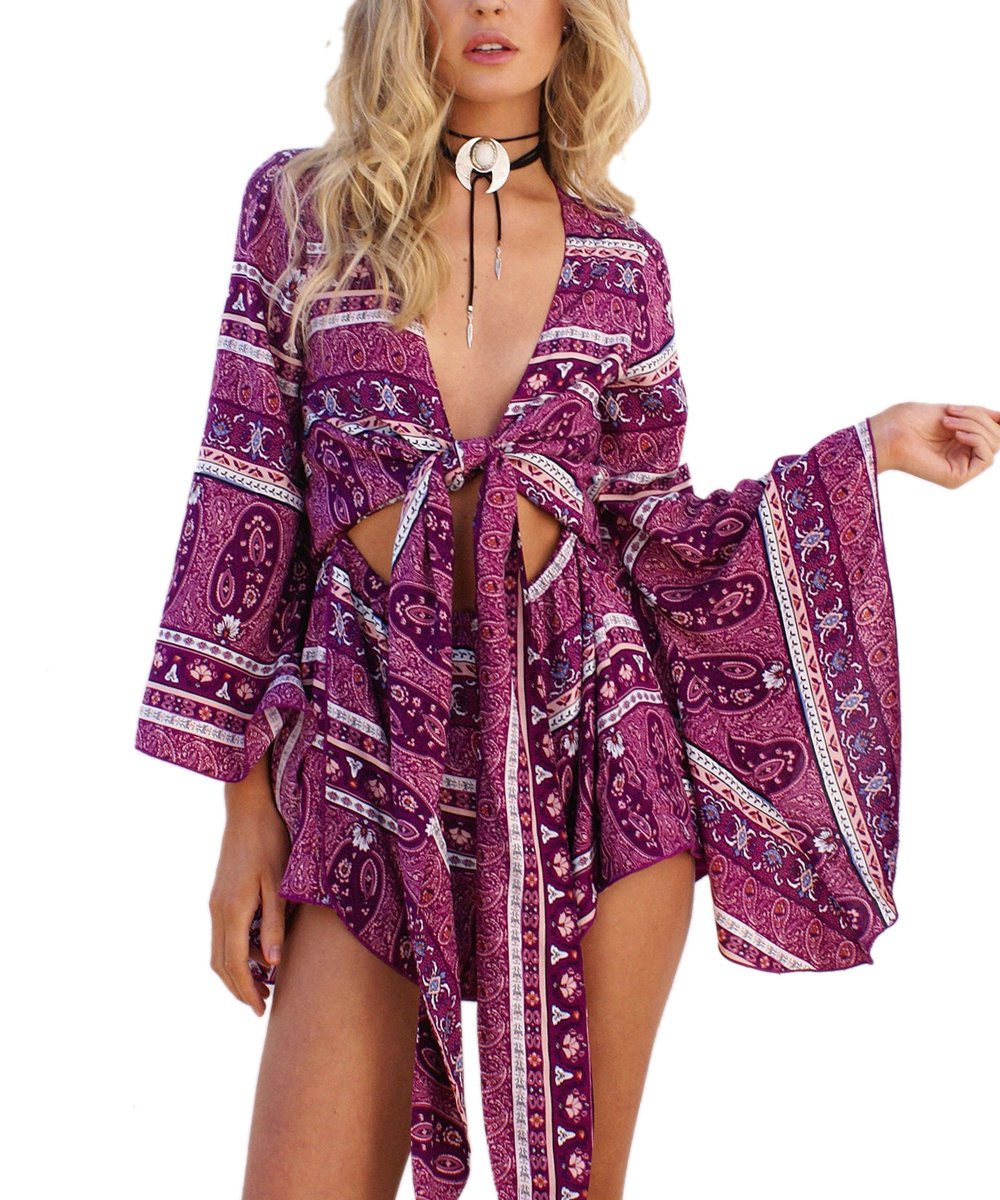Photo 1 of AELSON Women's Boho V Neck Print Romper Playsuit with Long Flare Sleeves