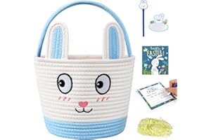 JIIVAY Easter Bunny Basket for Kids - Blue Woven Personalized Baskets for Girls, Large & Foldable for Egg Hunt, Includes Easter Card, Name Tag & Pen, Candy, Gifts Storage Bucket for Boys Toddler & Baby