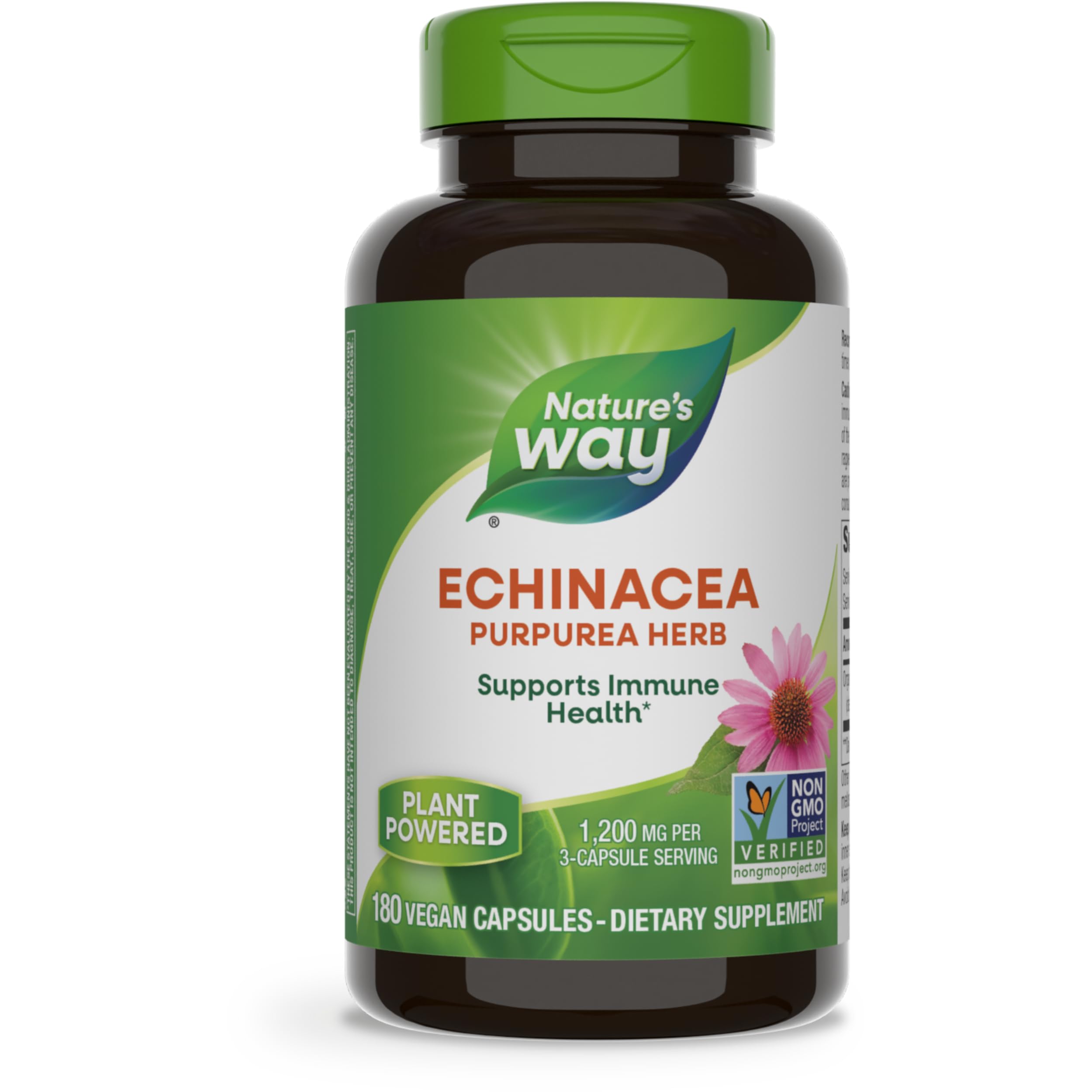 Nature's Way Echinacea Purpurea Herb, Immune Support Supplement*, 1200 mg per 3-capsule serving, Non-GMO Project Verified, Vegan, 180 Capsules