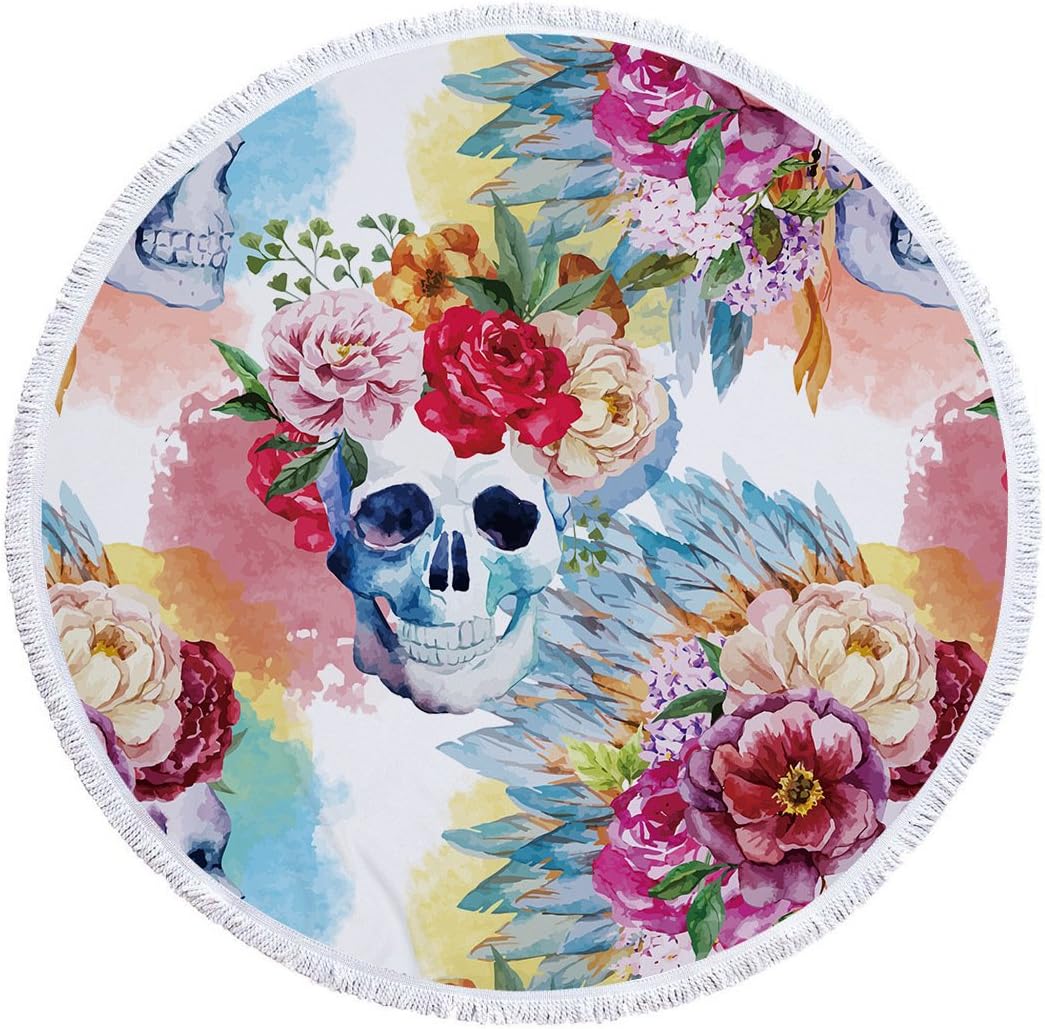 Footalk Beach Towels Round Roundie Rose Skull Blankets Microfiber Thick Terry Oversized Yoga Picnic Mat Ultra Soft Hanging Tablecloth Decorations with Colorful Fringe Tassels