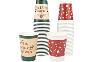 RULYYO Disposable Paper Coffee Cups Christmas Cups W/O Lids 12oz, 42 Count Festive Cups for Hot or Cold Beverages Decorative Holiday Cups for Christmas (Red and Letter Combo)