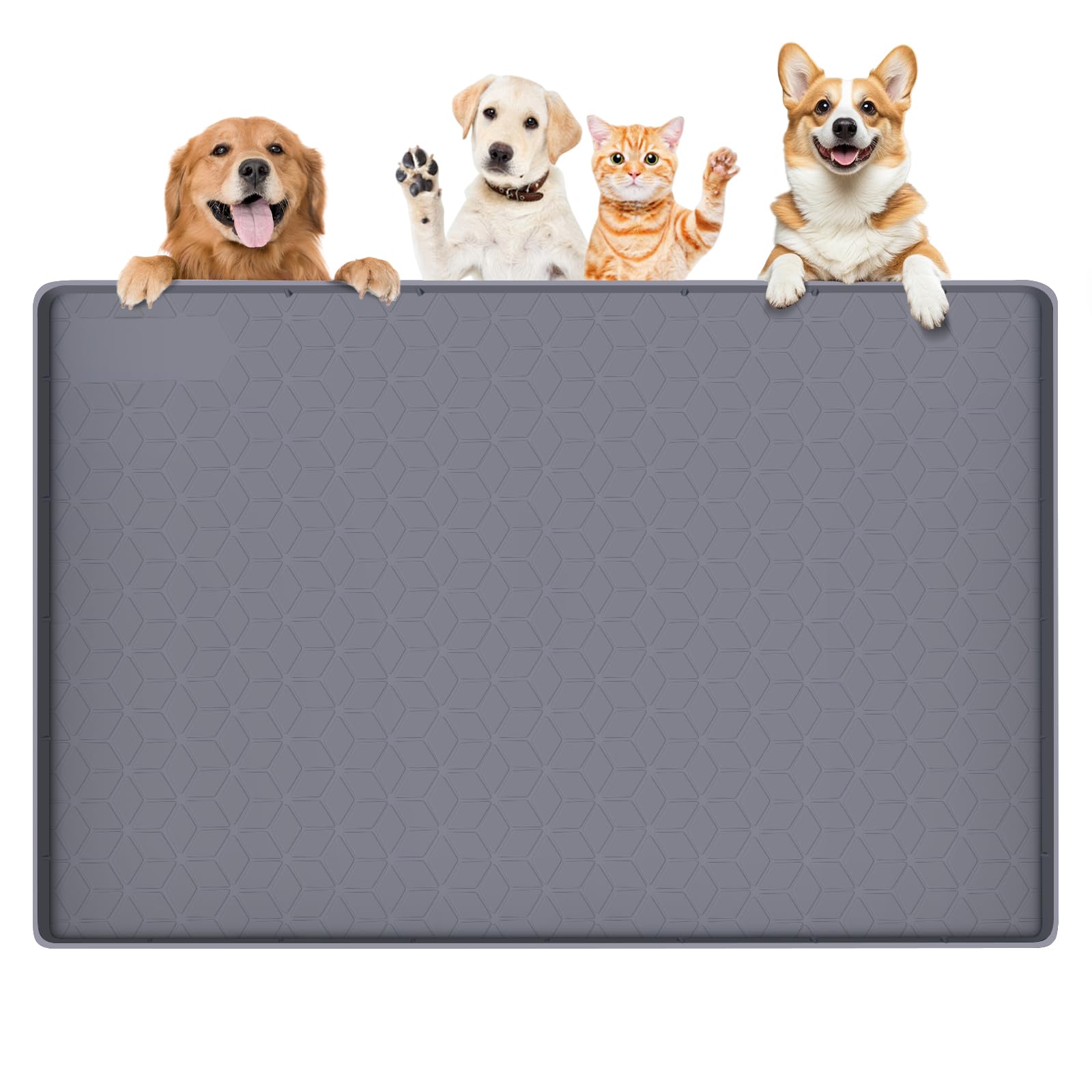 Photo 1 of Bartuke Dog Food Mat, Extra Large 34" x 22" Silicone Pet Feeding Mat with Raised Edge Pet Placemat for Small, Medium, and Large Pets Non-Slip, Easy to Clean (Dark Grey)