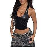 Milumia Women's Goth PU Leather Halter Tops Backless Fitted Night Out Rave Crop Top