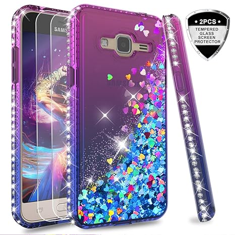 LeYi Hülle Galaxy J3 2016 Glitzer Handyhülle mit Panzerglas Schutzfolie(2 Stück),Cover Diamond Rhinestone Bumper Schutzhülle 