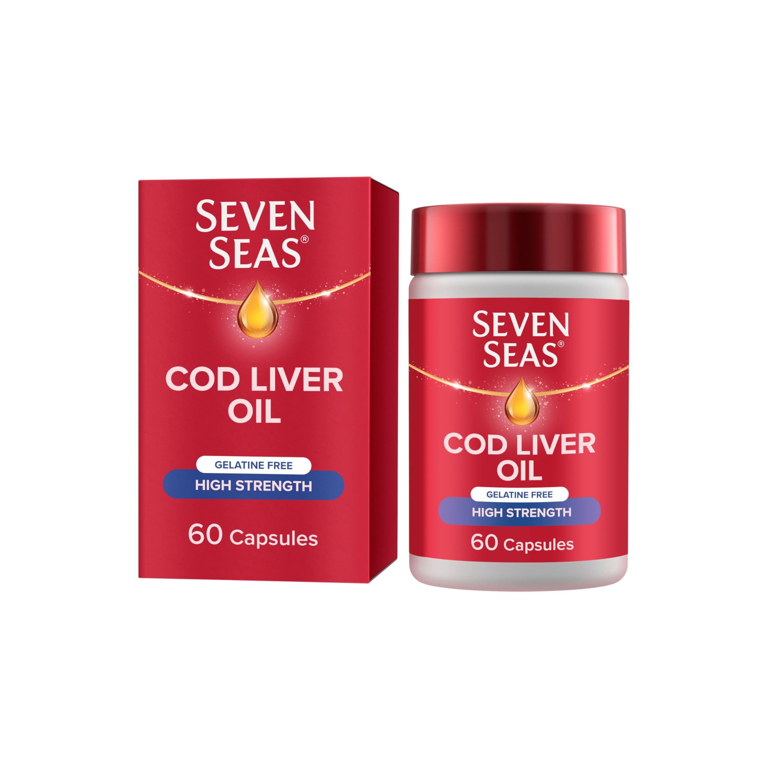 Seven Seas High Strength Cod Liver Oil Tablets With Omega-3, Fish Oil, Gelatine Free, EPA and DHA, Plus High Strength Vitamin D, 60 Capsules