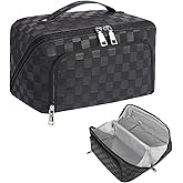 GERYUAEG Travel Makeup Bag, Large Capacity Cosmetic Bags for Women, Waterproof Lining and PU Leather Portable Pouch, Open Flat Toiletry Bag, Make up Organizer with Divider & Handle (Black)