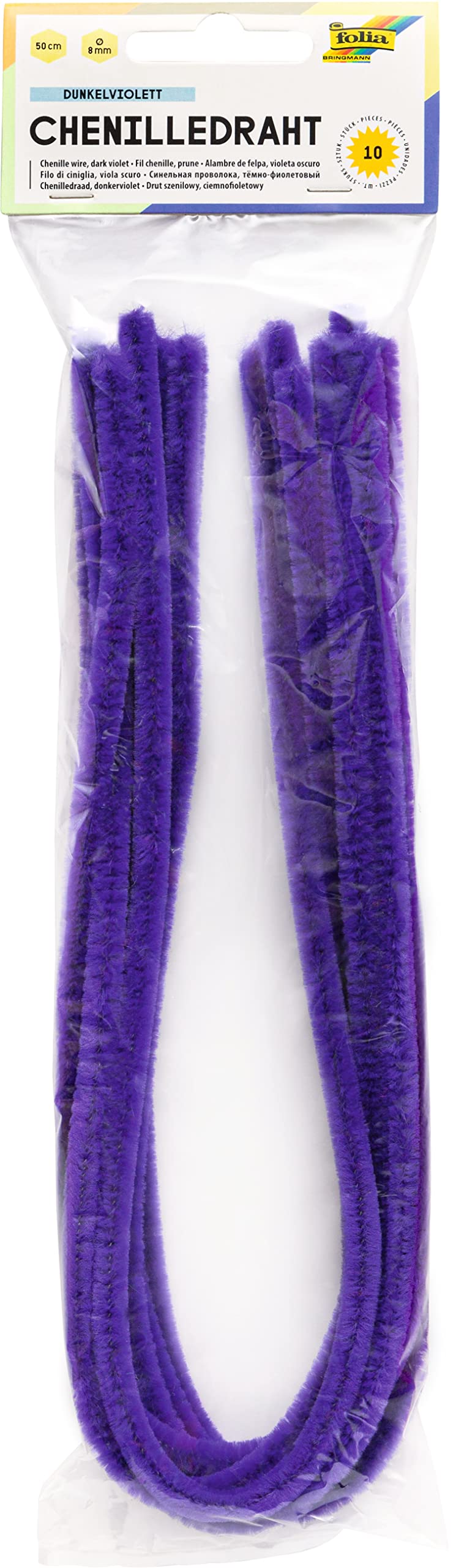 folia 77832 Chenille Wire, Pipe Cleaners, Pack of 10 in Dark Purple, Diameter 8 mm and 50 cm Long, Ideal for Children for Crafts and Designing Animals, Figures and Other Shapes