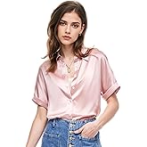 Silk Blouse for Women Button Down Shirts: Women's Short Sleeve Elegant Shirt 100% Pure Silk Casual Tops Summer Luxury Blouses