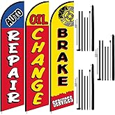 Hahafelt 3 Sets Auto Repair Feather Flag with Pole Kit 15 ft Large Advertising Flags for Business Outside Automotive Service Brake Oil Change Banner Feather Signs Auto Repair Shop Supplies