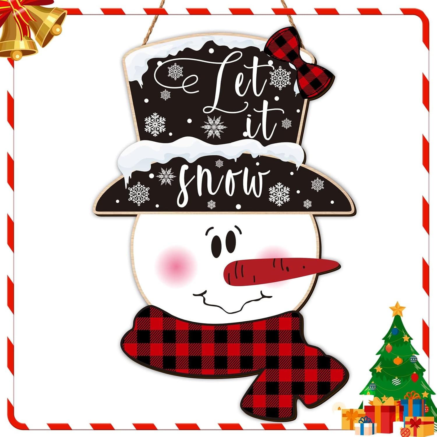 Wreath Hangers - Christmas Snowman Door Hanger Wooden Front Door Hanger with Buffalo Plaid Bow Snowman Door Wall Sign Christmas Hanging Door Decor for Christmas Party Home Front Door Decoration