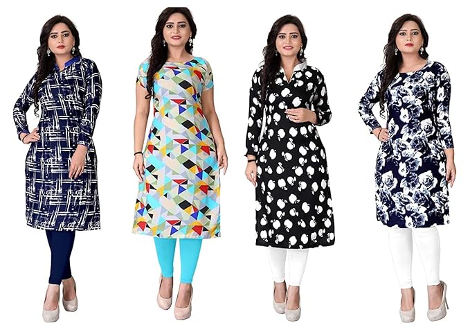 Women's A-Line Pack of 4 Crepe Printed Semi-Stitched Kurti Material (Free Size, Multicolour)