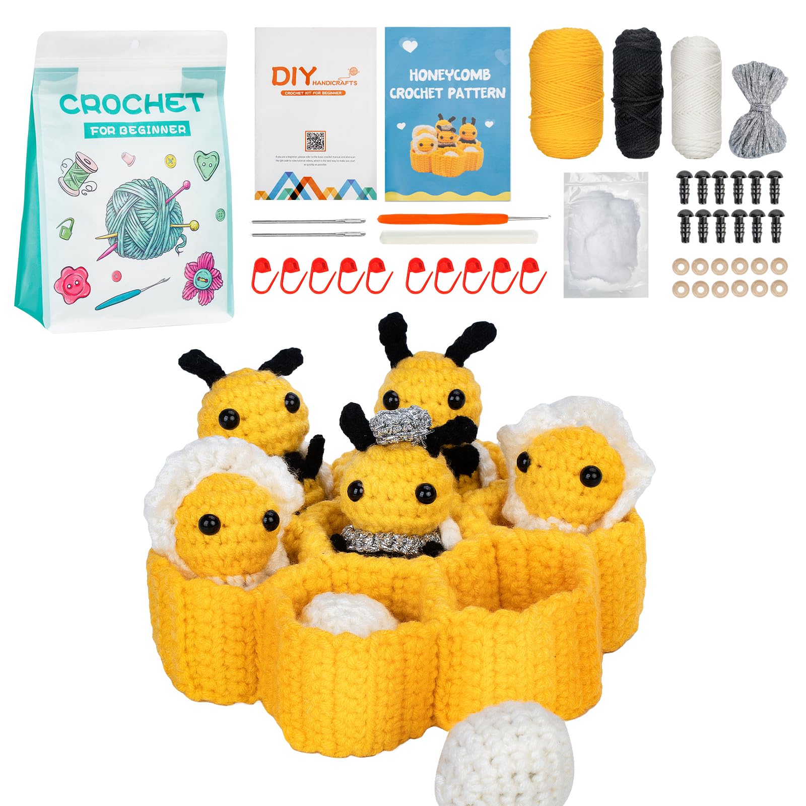 Crochet Kit For Beginners, Bee Family Knitting Set, Crafts For Adults Kids Teen, Beginner Crochet Kit With Step-By-Step Video Tutorials, Gift For Girls 8-12 (40%+ Yarn, Eyes, Stuffing, Crochet Hook)