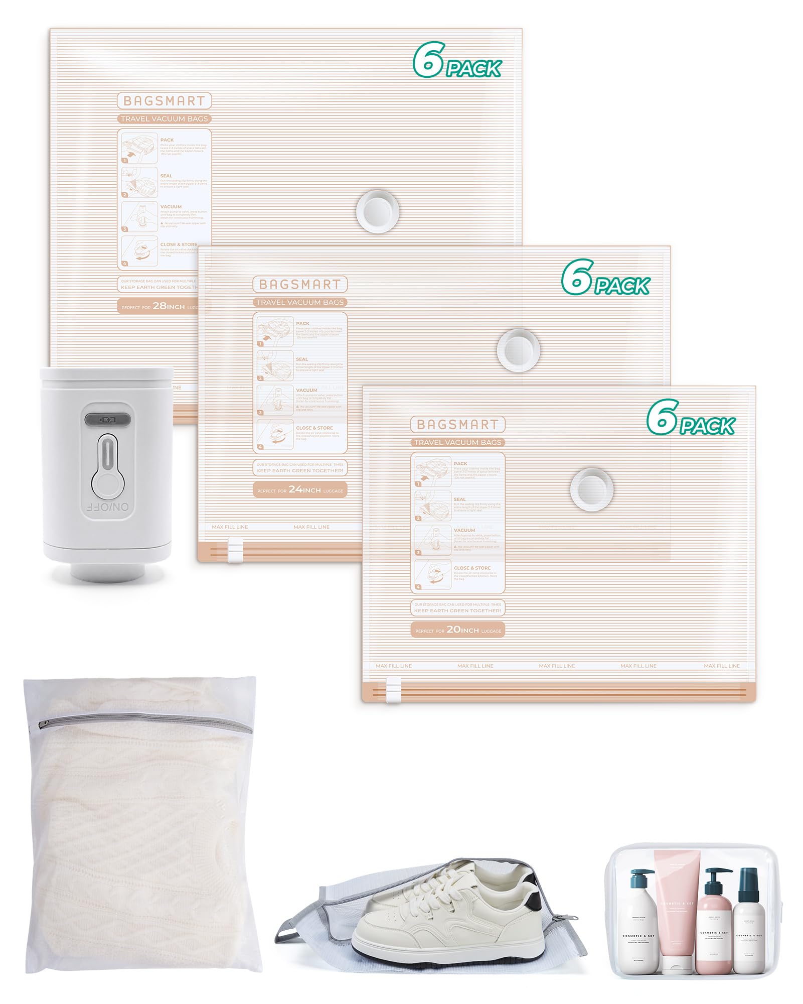 BAGSMART Vacuum Storage Bags for Travel with Rechargeable Air Pump, Portable Space Saver Bags for Travel & Home, Vacuum Compression Seal Bag for Clothing, Blanket, 21 Pack Khaki Brown