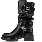 DOBOLIN Mid Calf Boots for Women with a Wide Toe Box Motorcycle Biker Riding Boots with Buckles Round Toe Dress Boots with Low Chunky Heel