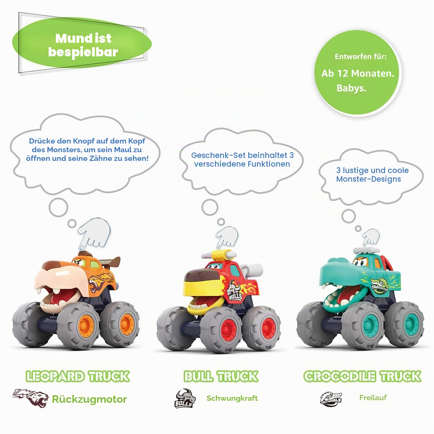 MOONTOY Aufziehauto Spielzeug ab 1 Jahr Jungen Mädchen,3 Stück Monster Truck Auto Spielzeug Set,Spielzeugauto Set für Kleinkinder 10 12 18 24 Monate,Kinderspielzeug Geschenk für Kinder ab 1 2 3 Jahr 2