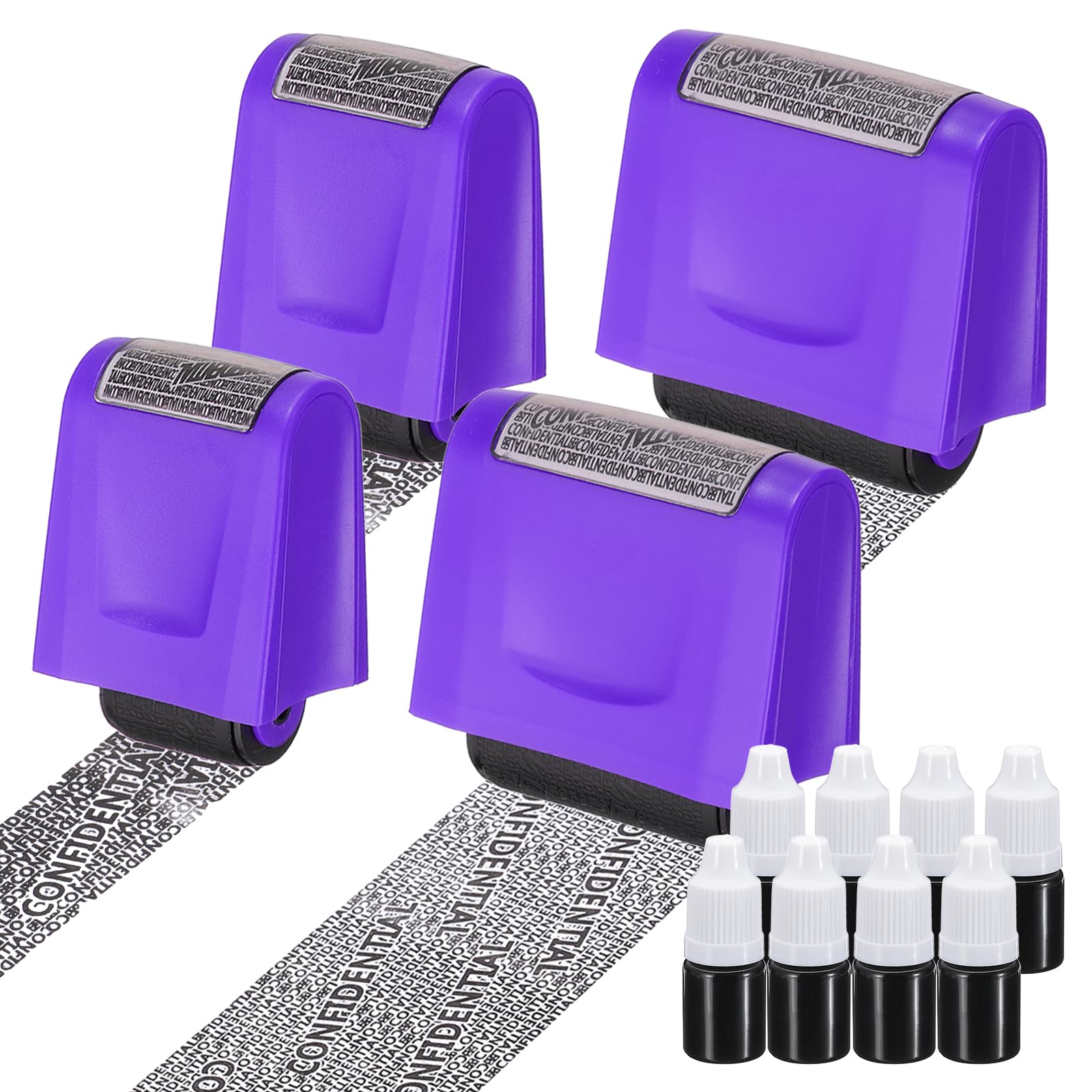 PATIKIL Identity Theft Protection Roller Stamp, 4Pcs 0.7/1.7" Confidential Roller Stamp Privacy ID Police Stamp Roller for Security ID Address with 8Pcs Refills, Purple