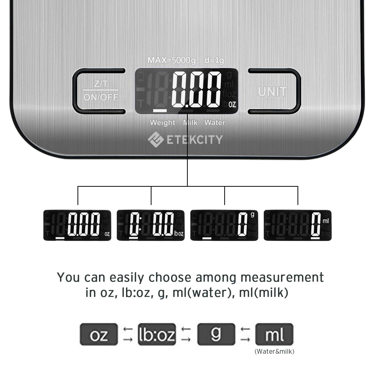 Etekcity Upgraded Digital Kitchen Food Scale Multifunction Small Scale, Back-lit LCD Display, 11 lb 5 kg, Food Grade 304 Stainless Steel (Batteries Included) - Image 3