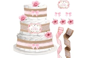 CORNER LACE Baby Shower Diaper Cake Decorations Pink, Birthday Party Diaper Cake Supplies, Include Ribbon, Bow Tie, Cake Card