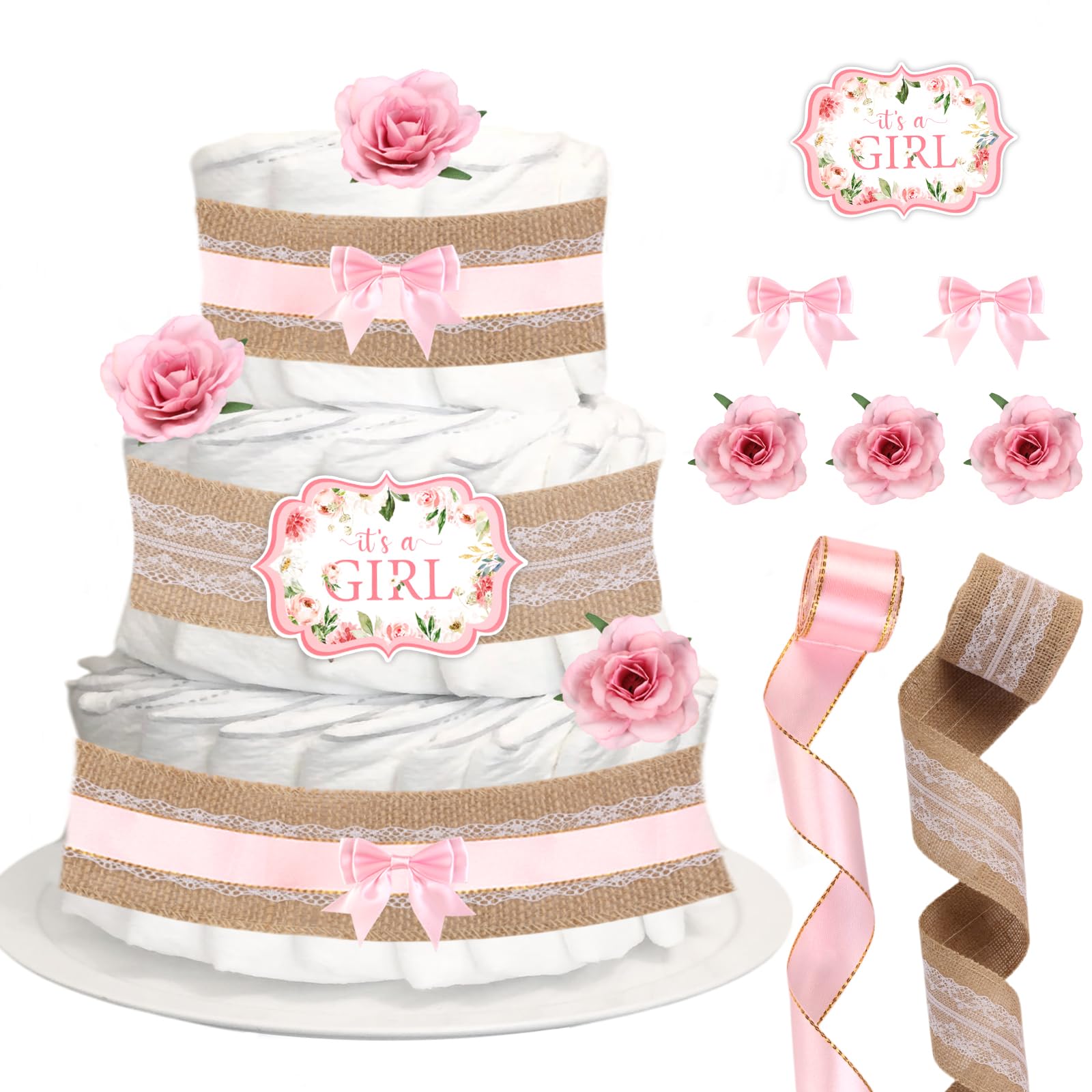 Photo 1 of ****FINAL SALE NOT RETURNS****CORNER LACE Baby Shower Diaper Cake Decorations Pink, Birthday Party Diaper Cake Supplies, Include Ribbon, Bow Tie, Decorative Cards, Artificial Flowers(Diapers Not Included)