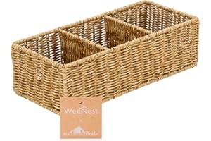 myHomeBody Wicker Basket With 3 Compartments, For Toilet Tank Paper Rolls, Hand Woven Bathroom Countertop Organizer, Bedroom Organization, 1pc, Tan