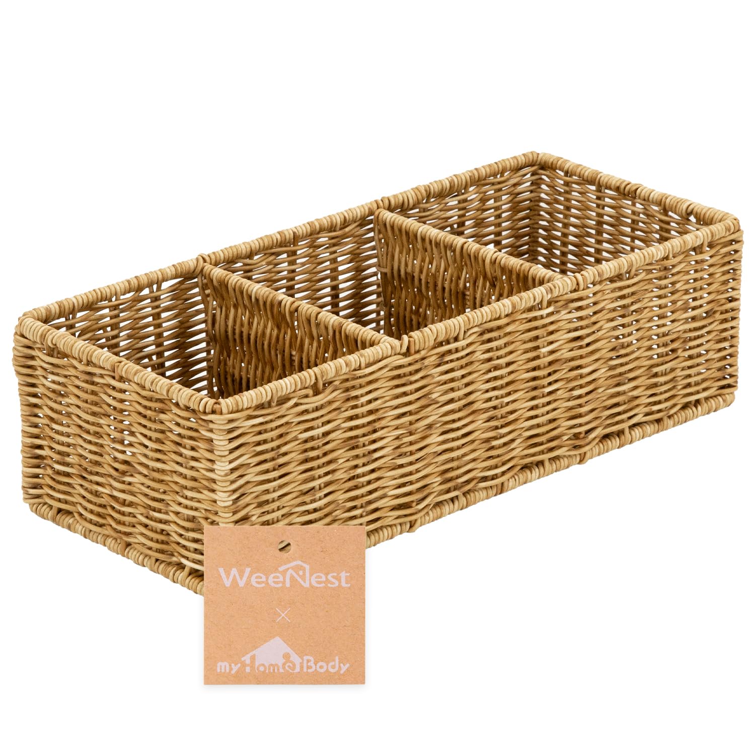 myHomeBody Wicker Basket With 3 Compartments, For Toilet Tank Paper Rolls, Hand Woven Bathroom Countertop Organizer, Bedroom Organization, 1pc, Tan