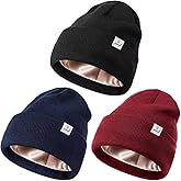 3 Pack Satin Lined Winter Beanie Hats for Women Men,Silk Lined Womens Beanies Knit Soft Warm Cuffed Hat