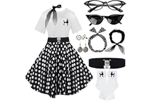 VILLBECOSER 10Pcs Sock Hop Outfits Women, 1950s Poodle Skirts, Poodle T-Shirt with 50s Accessories Socks Scarf Headband Belt Earring